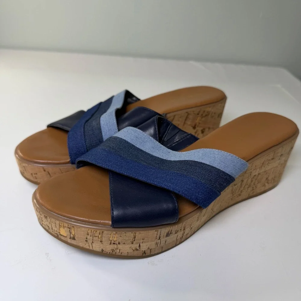 Nine West Xach Aryo Blue Denim Cork Wedge Platform Sandals Womens‎ 8M
